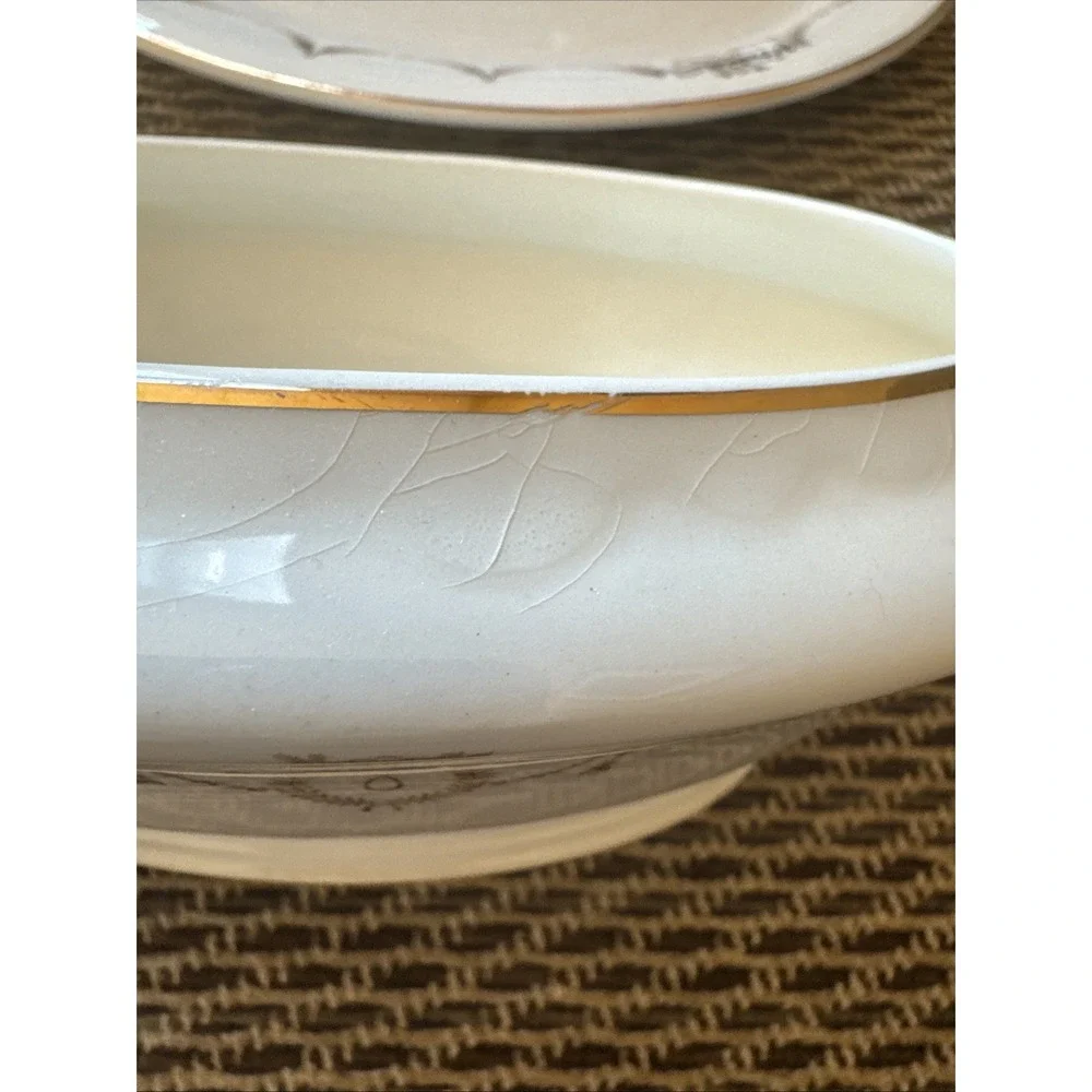 Edwin Knowles Gravy Boat & Plate Adams‎ Gold Swag Design Vintage 1940s
